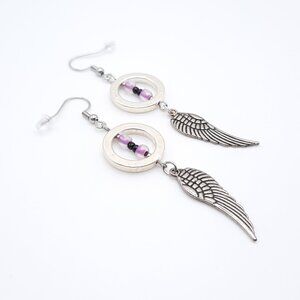 Wings Circle Purple Black Glass Angel Dangle Drop Earrings Handmade Jewelry